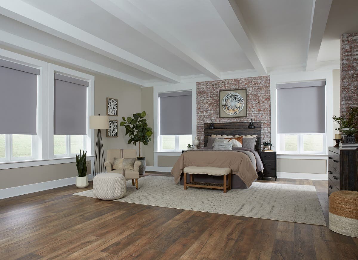 Bedroom with Roller Shades in Luna Blackout Shadow